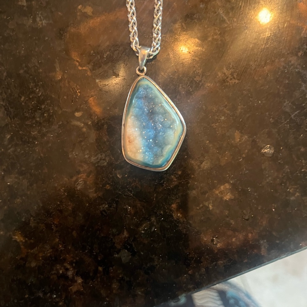 Blue Druze Pendant on Sterling Silver Necklace - Picture 3 of 6